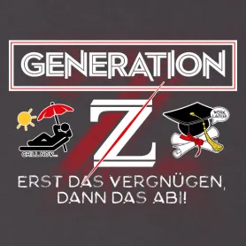 Grafik mit 'Generation Z' Text, Figur unter Sonnenschirm, Akademikerhut und Diploma, Aufschrift 'Chill now... work later!'