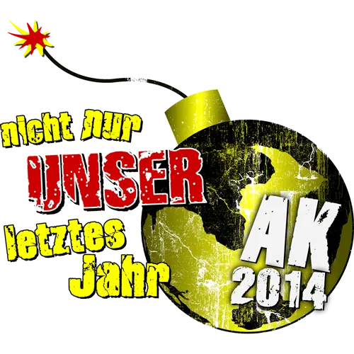 nicht nur unser letztes Jahr, AK 2014 auf zerbrochenem Globus-Motiv, dunkelblauer Hintergrund.