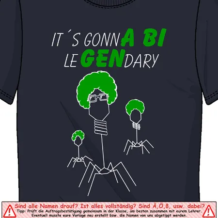Schwarzes T-Shirt mit grünem Druck "IT'S GONNA BI LE GENDARY" und drei stilisierten Figuren.