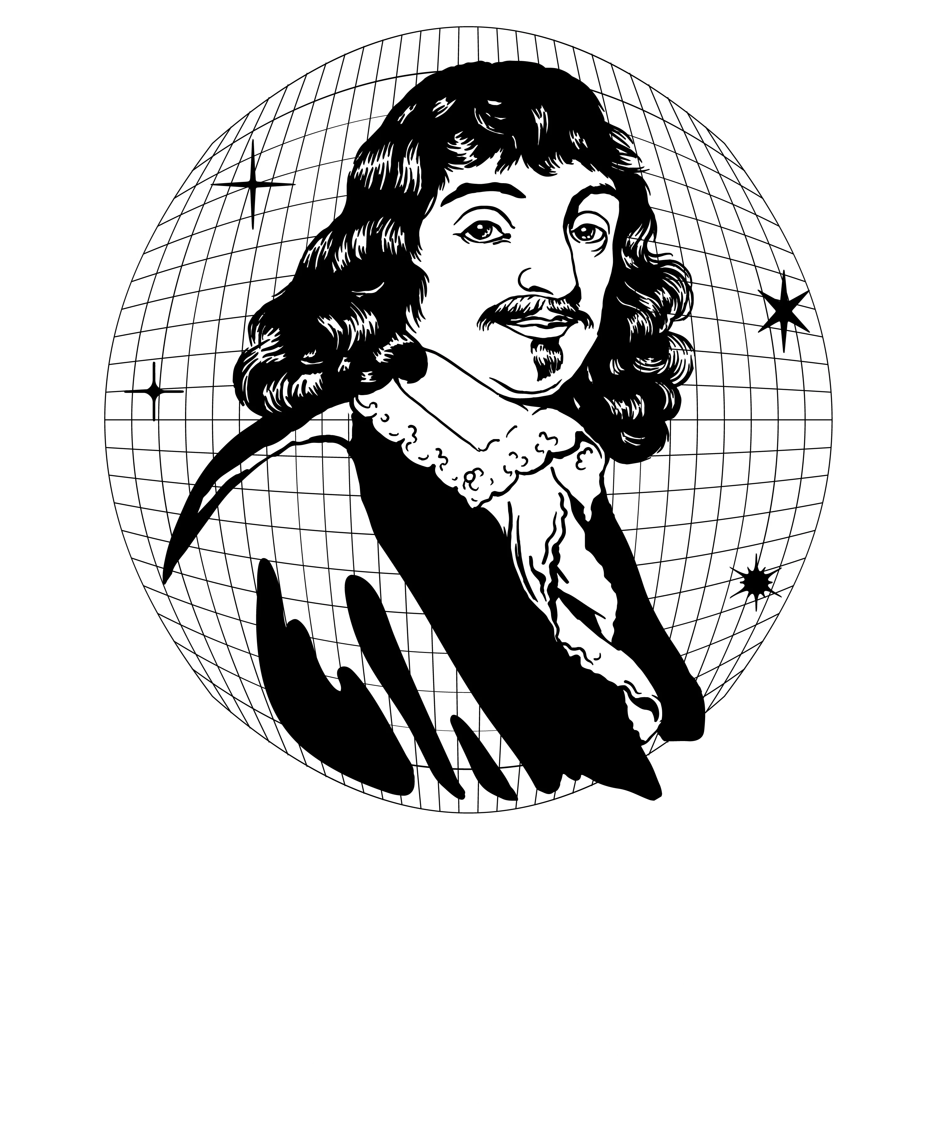 Schwarz weisse Illustration eines Manns mit Locken und historischer Kleidung vor Gitternetz Kugel mit Sternen Text ABI ERGO SUM 202X