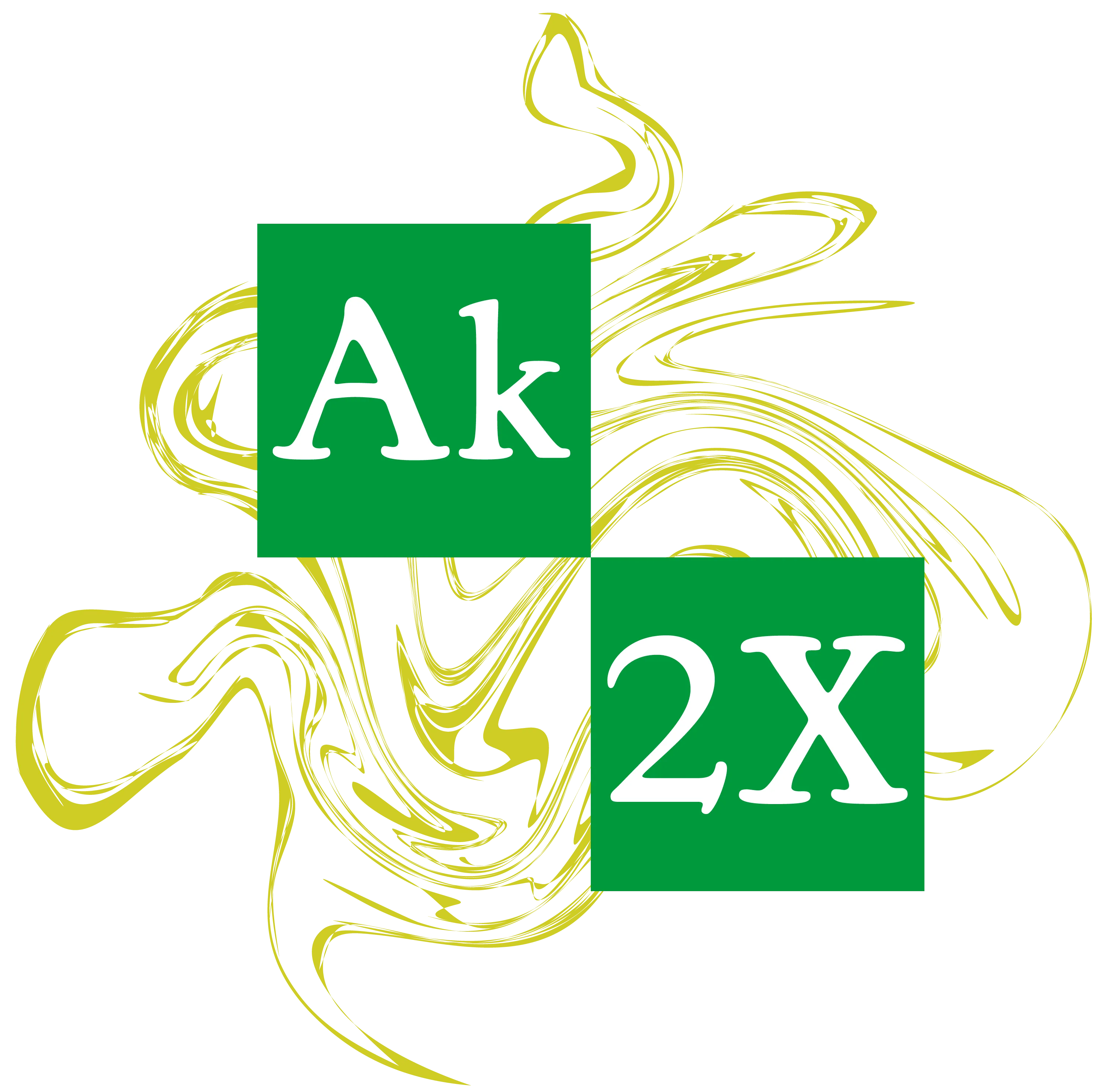 Zwei gruene Quadrate mit weissen Zeichen Ak und 2X vor gelben geschwungenen Linien auf schwarzem Hintergrund