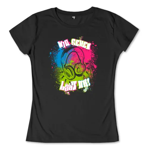 T-Shirt-Design mit dem Text "Wir gehen laut an!" und bunten Farbspritzern rund um Kopfhörer.
