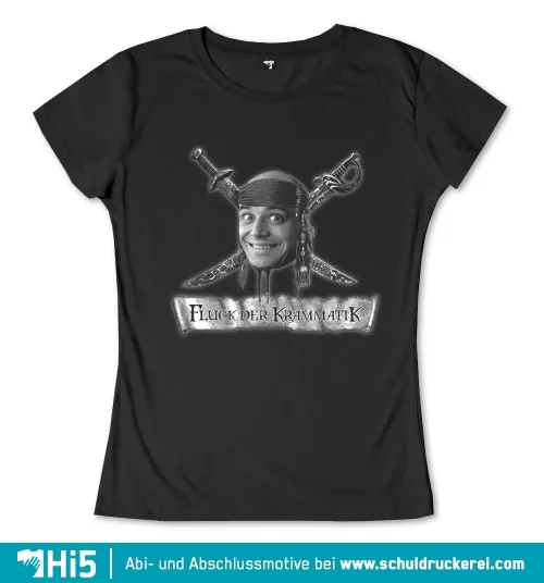 Piratenlogo mit menschlichem Kopf, Hut, zwei gekreuzten Schwertern und der Aufschrift "Fluch der Krammatik".