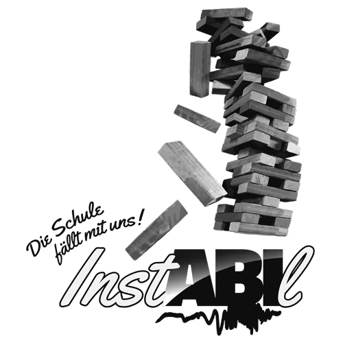 Monochrome Grafik eines wackelnden Jenga-Turms mit dem Wort "Instabil".