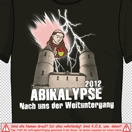 Schwarzes T-Shirt-Design mit einer Zeichnung einer Burg, Blitz, einer Mönchsfigur und dem Text "Abikalypse 2012".
