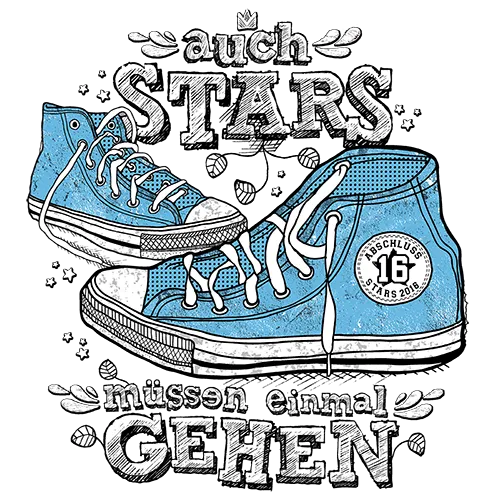 Illustrierte blaue Turnschuhe mit Text "auch Stars müssen einmal GEHEN" auf grünem Hintergrund.