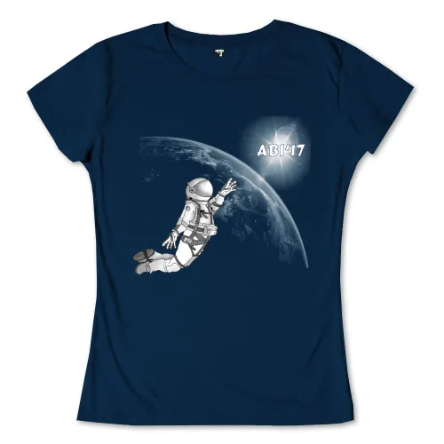 Astronaut schwebt im Weltraum, Erde und Sonne im Hintergrund, Text "ABI'17".