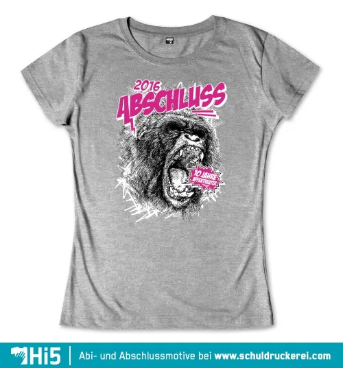 Graues T-Shirt Design mit einem brüllenden Gorilla, Schriftzug '2016 ABSCHLUSS', pinken Akzenten und '10 Jahre Affentheater' Logo.