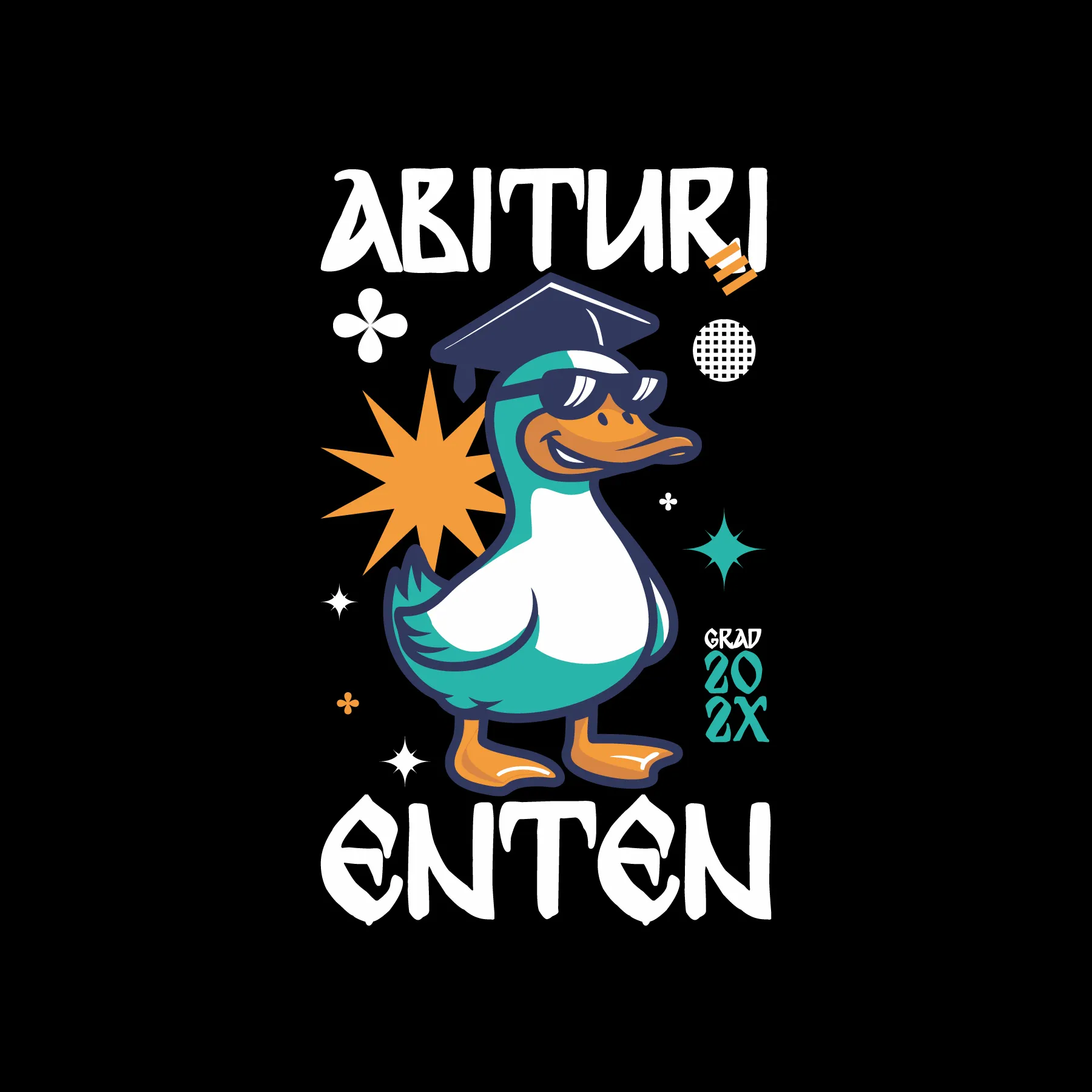 Cartoonente mit Sonnenbrille und Abschlussmütze umgeben von bunten Sternformen und Schriftzug ABITURI ENTEN Grad 20 2X