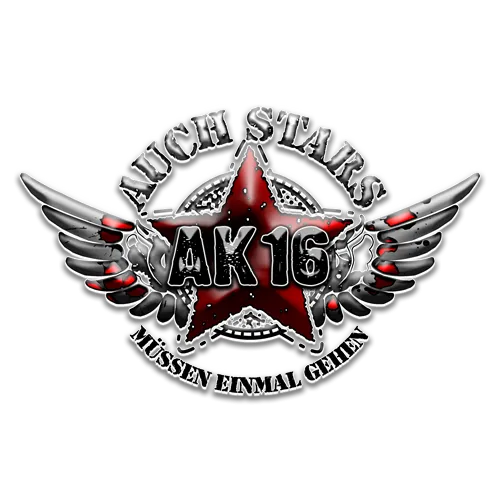 Grafik mit Flügeln, zwei roten Sternen und Text "4K16" umringt von "ALUMNI STARS".