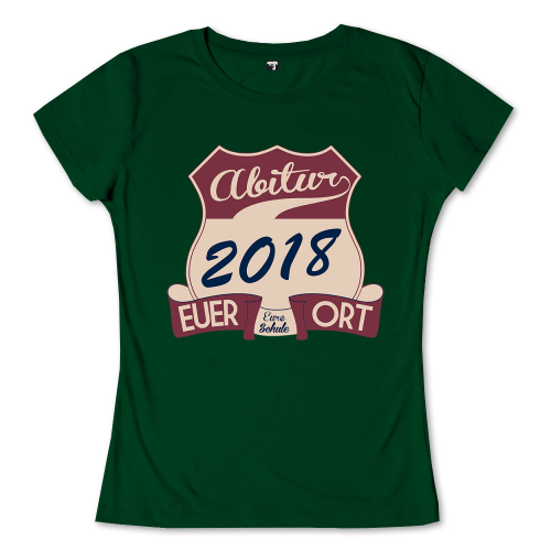 Emblem mit "Abitur 2018" und Bannern "Euer Schulname", "Euer Ort" auf grünem Hintergrund.