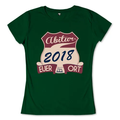 Emblem mit "Abitur 2018" und Bannern "Euer Schulname", "Euer Ort" auf grünem Hintergrund.