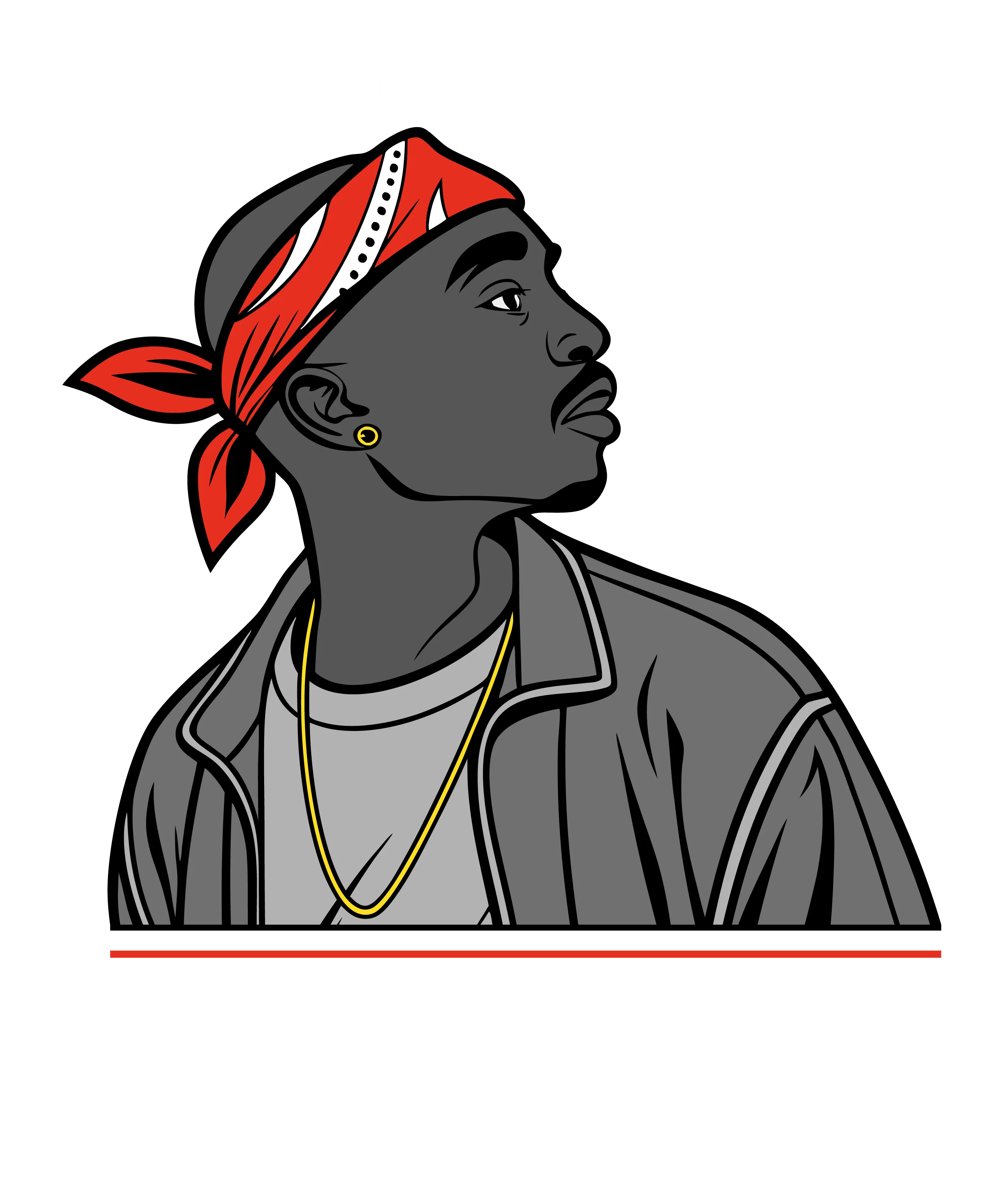 Stilisiertes Profil eines Mannes mit rotem Bandana goldener Kette und Ohrstecker auf schwarzem Hintergrund mit weißem Text ALL EYEZ ON UZ