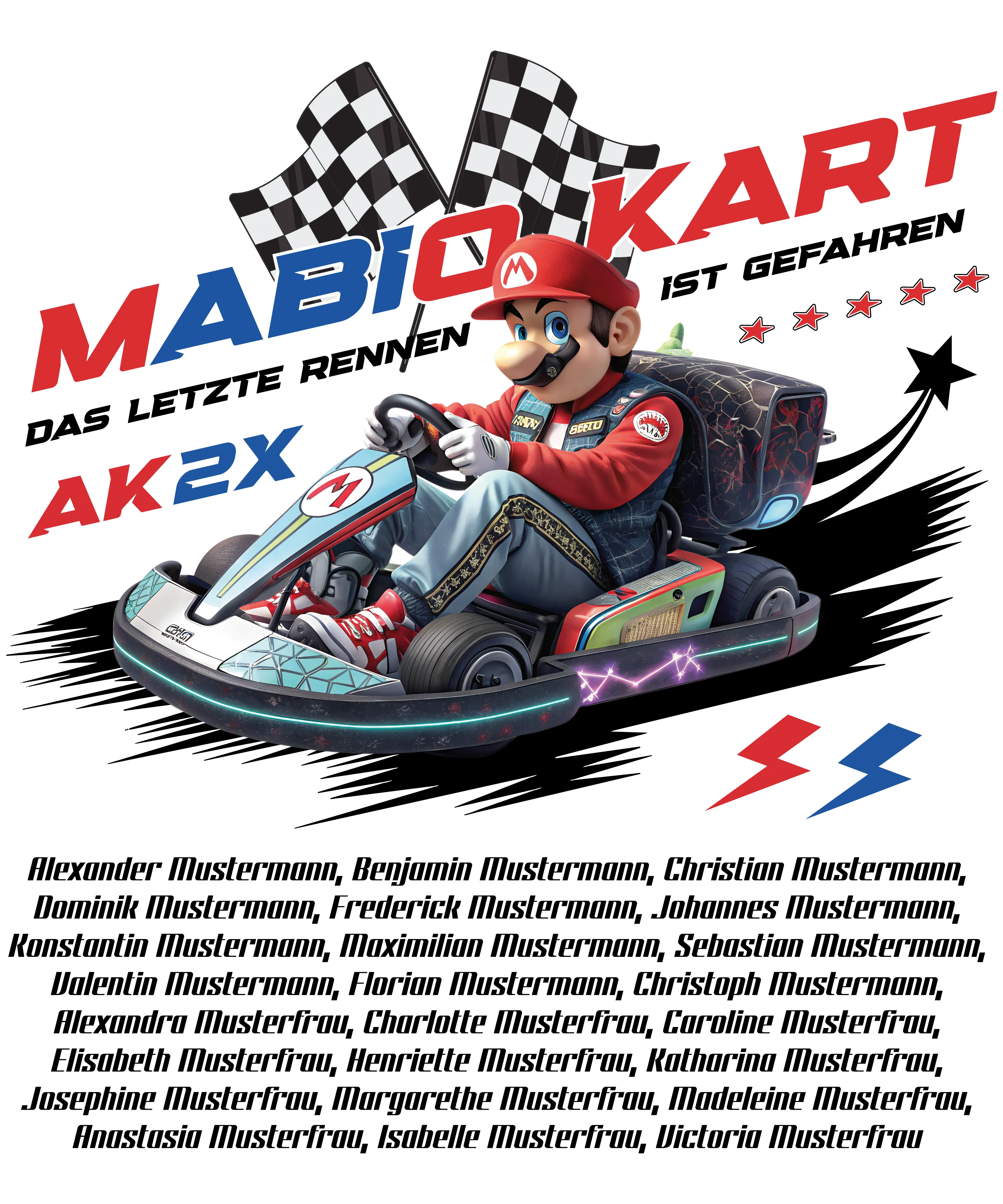 Comic Rennfahrer mit Schnauzer in roter Mütze sitzt in Kart vor Fahnen mit Schriftzug Mario Kart Text AK2X und rote und blaue Blitze