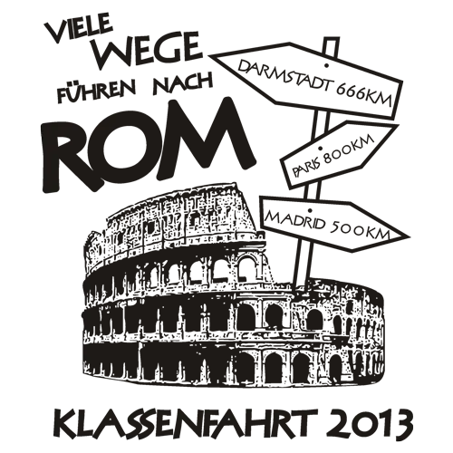 Orangefarbenes T-Shirt-Design mit Zeichnung des Kolosseums und Wegweisern, Text "Viele Wege führen nach Rom, Klassenfahrt 2013".