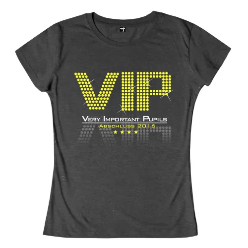 Gelbe VIP-Buchstaben auf dunklem Hintergrund mit Text 'Very Important Pupils Abschluss 2016' und Sternen.