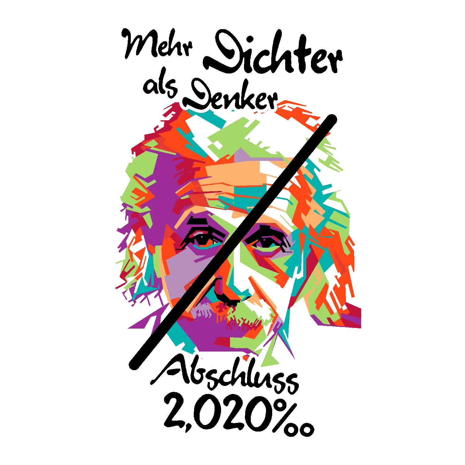 Grafisches, farbiges Porträt von Albert Einstein mit überlagerter schwarzer Diagonale.