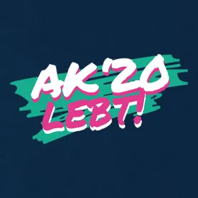Grafisches Logo mit der Aufschrift "AKZO LEBT" in zerklüftetem Schriftzug, rosa auf grünem Grund.