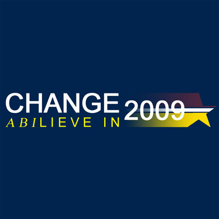 Logo mit den Worten "CHANGE 2009" und "A BILIEVE IN" auf dunkelblauem Hintergrund.