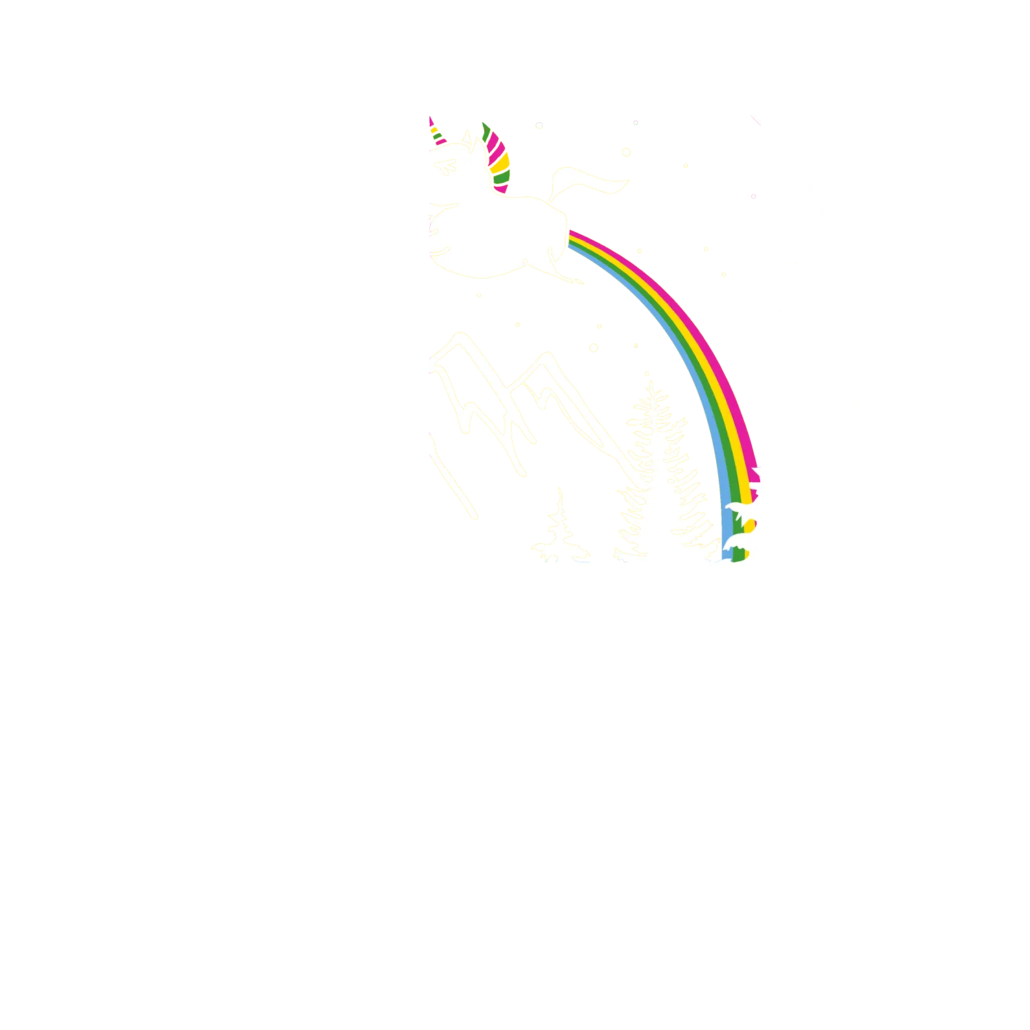 Silhouette eines Einhorns springend über einem Regenbogen, Berge und Bäume im Hintergrund.