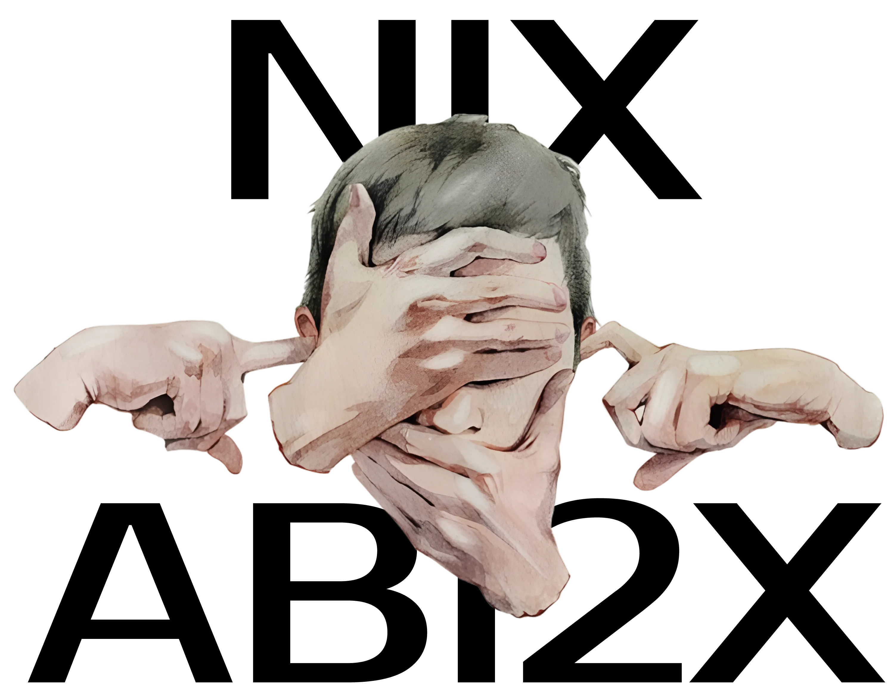 Illustration eines Kopfes mit Händen, die Augen Mund und Ohren bedecken