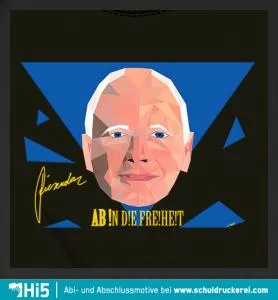 Geometrisches Porträt einer Persönlichkeit, umgeben von blauen Dreiecken und gelbem Text 'AB IN DE FREIHEIT'.