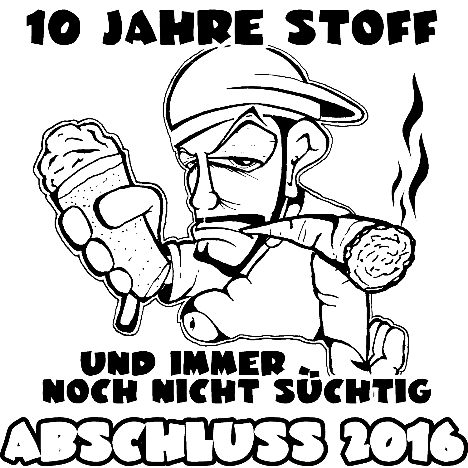 Illustration einer Figur mit Helm, die eine Wurst und ein Eis hält, mit Text "10 Jahre Stoff".