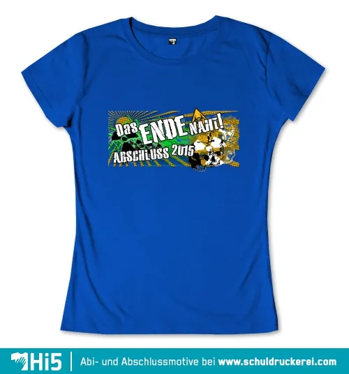 Blaues T-Shirt mit Grafik "Das Ende naht! Abi-Abschluss 2015" in Weiß und Gold.