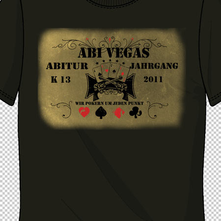 Schwarzes T-Shirt mit goldfarbenem "ABI VEGAS" Aufdruck und Spielkartensymbolen.