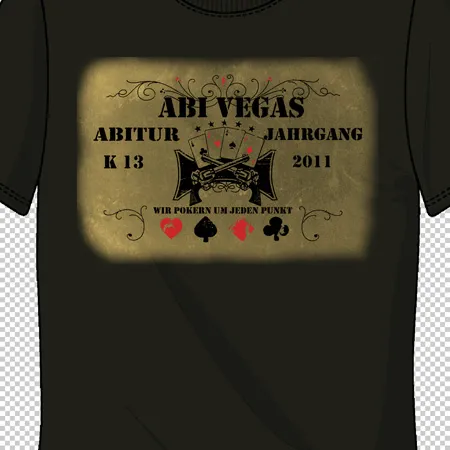 Schwarzes T-Shirt mit goldfarbenem "ABI VEGAS" Aufdruck und Spielkartensymbolen.