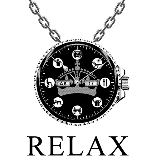 Digitales Bild einer schwarzen Uhr mit Totenkopf-Motiven und der Aufschrift "RELAX".