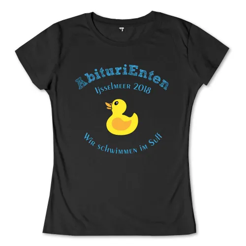 Gelbe Gummiente auf schwarzem Hintergrund, umgeben von blauen Texten 'AbituriEnten', 'Ijsselmeer 2018' und 'Wir schwimmen im Suff'.