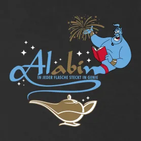 Blaue Zeichentrickfigur liest ein rotes Buch und hat einen Kopfputz, neben einer goldenen Wunderlampe.