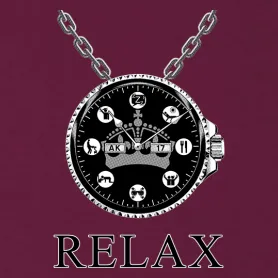 Digitales Bild einer schwarzen Uhr mit Totenkopf-Motiven und der Aufschrift "RELAX".
