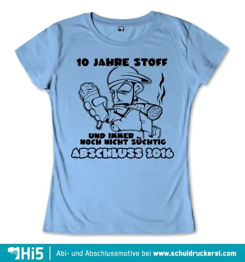 Illustration einer Figur mit Helm, die eine Wurst und ein Eis hält, mit Text "10 Jahre Stoff".