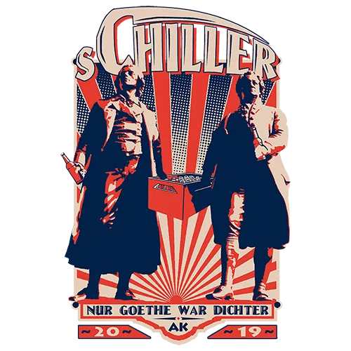 Zwei stilisierte historische Figuren in traditioneller Kleidung, Titel "Schiller", Text "Nur Goethe war Dichter".