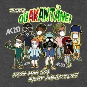 Gruppe von Cartoon-Figuren in verschiedener Kleidung und Masken vor grauem Hintergrund.