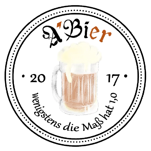 Illustration eines Bierkrugs mit Schaum, umgeben von einem Datum '2017' und dem Spruch 'wenigstens die Maß hat 1,0'.