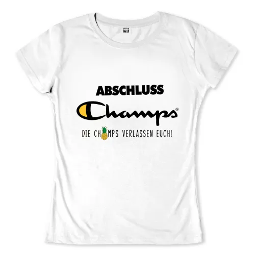 Logo mit Text "ABSCHLUSS Champs, DIE CH∀MPS VERLASSEN EUCH!" und Ananas-Symbol.