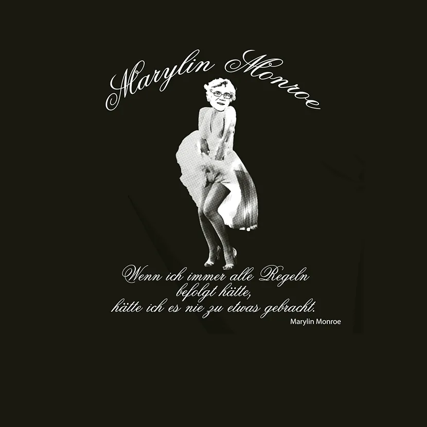 Bild von Marilyn Monroe in einem wehenden Kleid mit einem Zitat auf Deutsch.