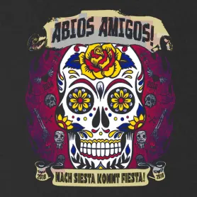 Illustration eines bunten Schädels mit floralen Mustern und dem Text "Adios Amigos".