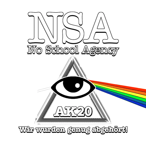 Schwarzes T-Shirt-Design mit NSA-Logo, Auge im Dreieck, Regenbogenstrahl und Text "Wir wurden genug abgehört!".