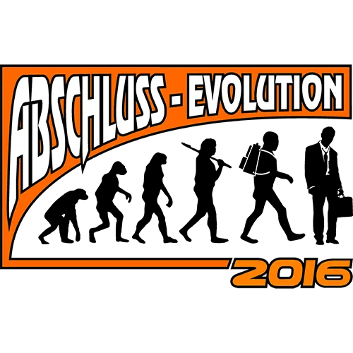 Sechs Silhouetten, die menschliche Evolution darstellen, endend mit einem Geschäftsmann, Text "ABSCHLUSS - EVOLUTION 2016".