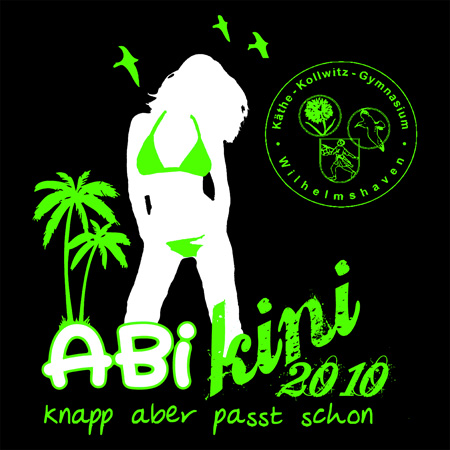 T-Shirt-Design mit Silhouette einer stehenden Person, Palme, Sternen und Text "Abi kini 2010 knapp aber passt schon".