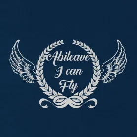 Grafik mit Lorbeerkranz, Flügeln und Text "Abileave I can Fly" in Grautönen.