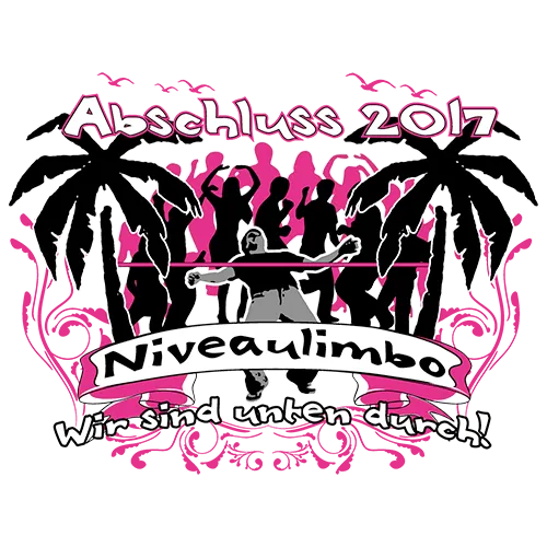 Grünes T-Shirt mit schwarzem und pinkfarbenem Grafikdesign: Palmen, Menschen beim Limbo und Text "Abschluss 2017 - Niveaulimbo".