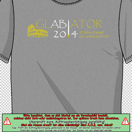 Graues T-Shirt mit "GLABIATOR 2014", gelbem Colosseum-Silhouette, "12 Jahre Kampf um Leben und Tod".