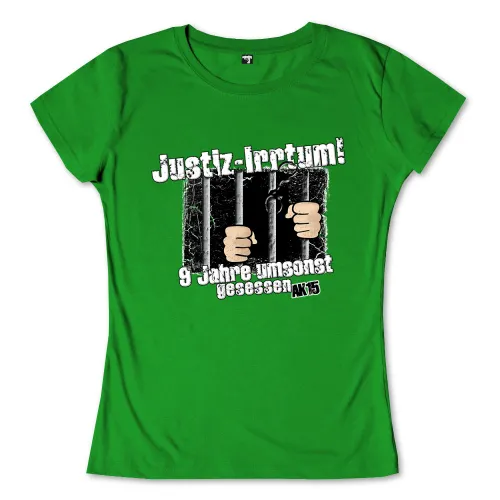 Illustration von Händen hinter Gittern mit Text "Justiz Irrtum! 9 Jahre umsonst gesessen" auf grünem Hintergrund.