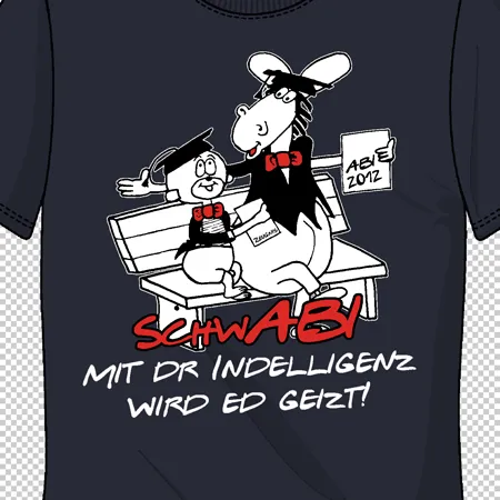 Comicfigur und Ziege sitzen zusammen auf einer Bank, Design auf einem T-Shirt.