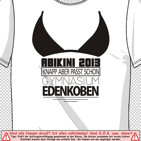 Design eines grau-weißen T-Shirts mit Abschlussschriftzug 'ABI KINI 2013', Bart-Motiv und Schulaufdruck.